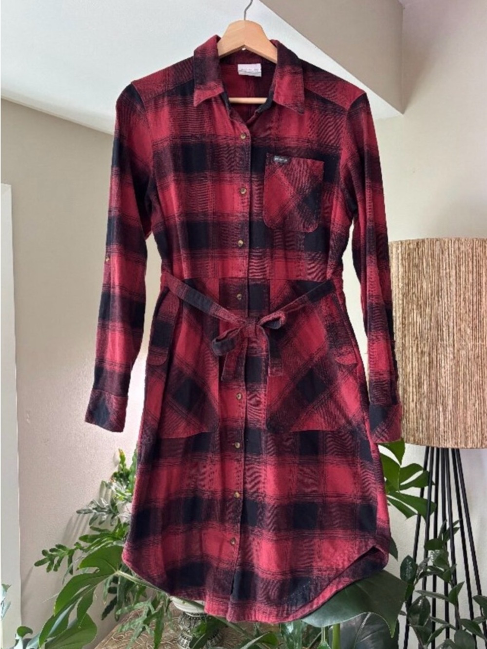 Columbia Women’s Red & Black Plaid Flannel Belted Shirt Dress Size Medium